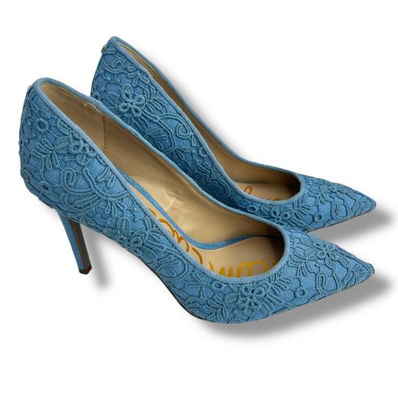 Sam Edelman Hazel Heels Size 5.5 Royal Sky Blue Lace Pointy Toe Stiletto Pumps - Picture 10 of 12